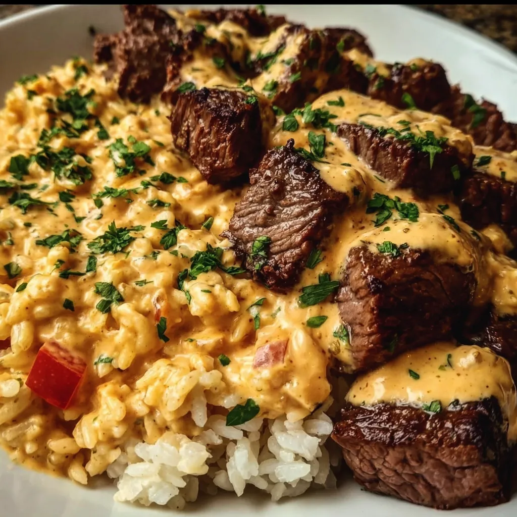 Loaded Steak Queso Rice Bowl with Creamy Cheese Sauce and Herbs - tertiary view
